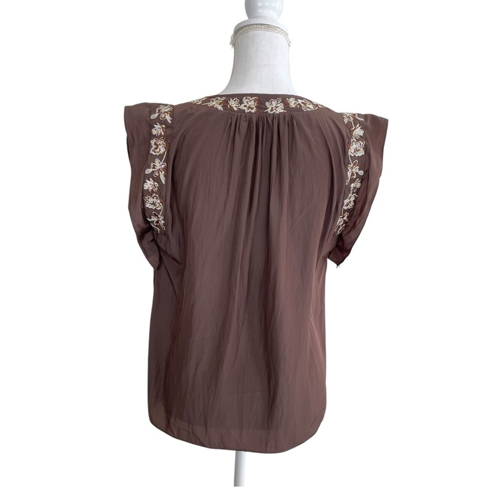 Ramy Brook Short Ruffle Sleeves Tie Neck Floral Embroidery Brown Blouse - Picture 2 of 9